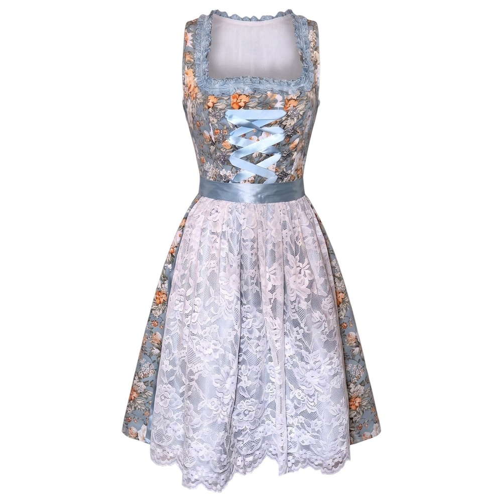 New Small Blue White Lace Oktoberfest Dirndl Style German Dress Bow Ruffle
